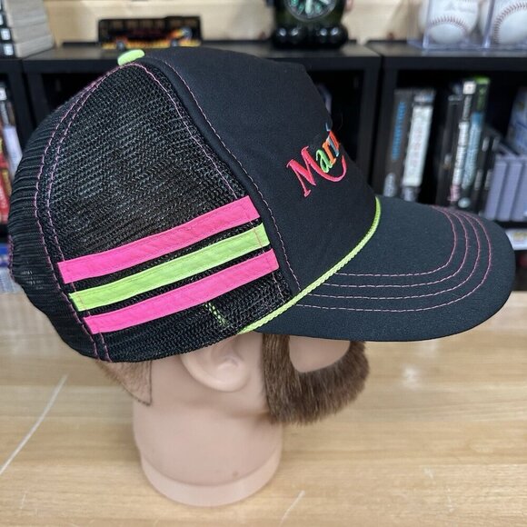 Marineland Hat Trucker Cap Snapback Mesh Black Vintage 80s 3 Stripe USA Rare - Picture 3 of 5